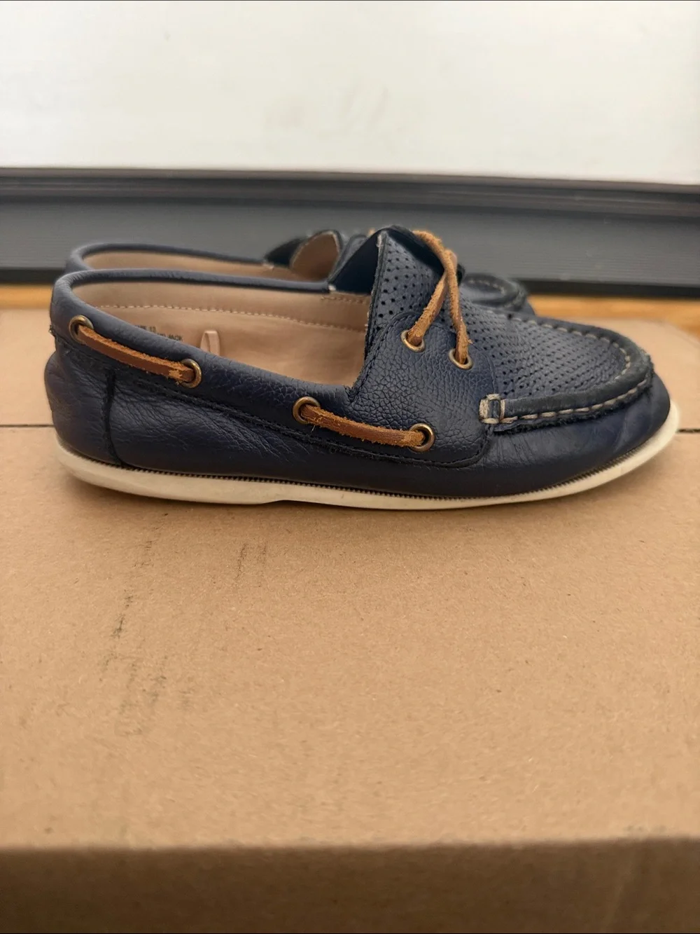 Janie and Jack Navy Leather Moccasin Boat Shoes with Tan Accents